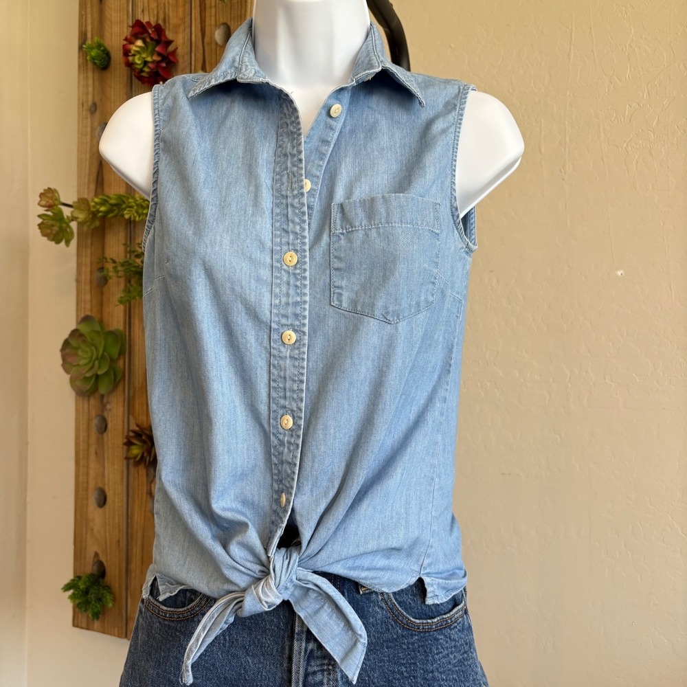 J. Crew Shirt Women Size 00 Sleeveless Chambray Button Down Tie Front Cotton‎
